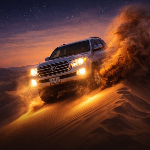 A silver Toyota Land Cruiser driving dynamically down a steep sand dune at sunset, kicking up a large cloud of glowing orange sand under a starry night sky.