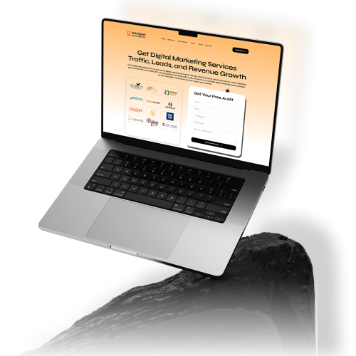 Laptop displaying a digital marketing agency website offering services for traffic, leads, and revenue growth