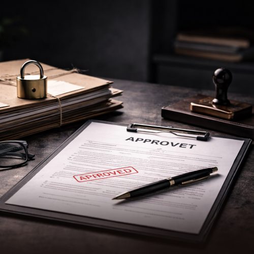 A formal document on a clipboard with a red "APPROVED" stamp, placed next to a stack of secure files tied with twine and locked with a brass padlock.