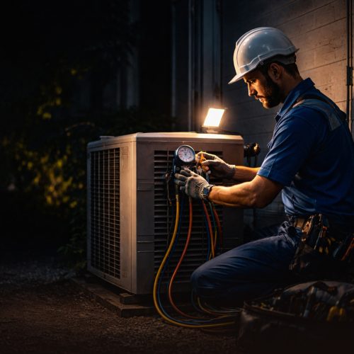 An HVAC technician in a white hard hat and blue uniform kneeling at night to service an external air conditioning unit using specialized pressure gauges.