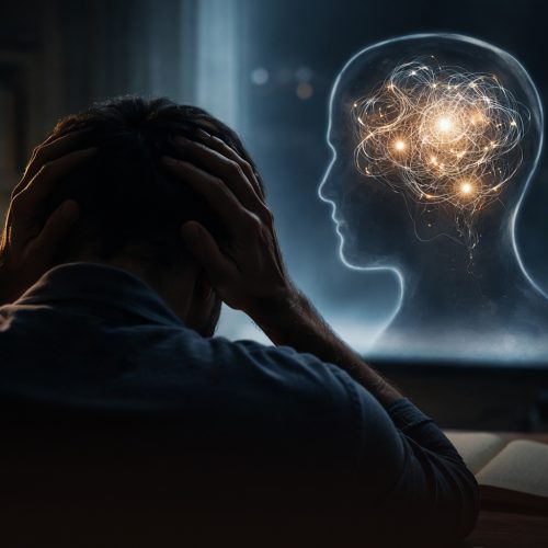 A silhouette of a person holding their head in their hands while looking at a glowing, translucent holographic profile of a human head filled with tangled light filaments.