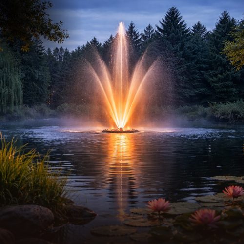 A symmetrical water fountain illuminated with warm orange light in the center of a calm pond at dusk, surrounded by dark evergreen trees and pink water lilies.