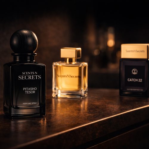 A professional product shot of three "Scents N Secrets" perfume bottles, including "Pitasho Tesor" in a black bottle and "Catch 22" in a gold-capped bottle, on a dark textured surface.